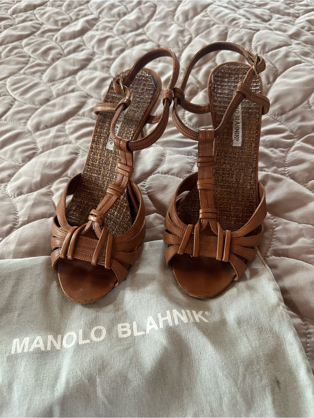 Manolo Blahnik Cognac Leather Knotted T-Strap Sandals